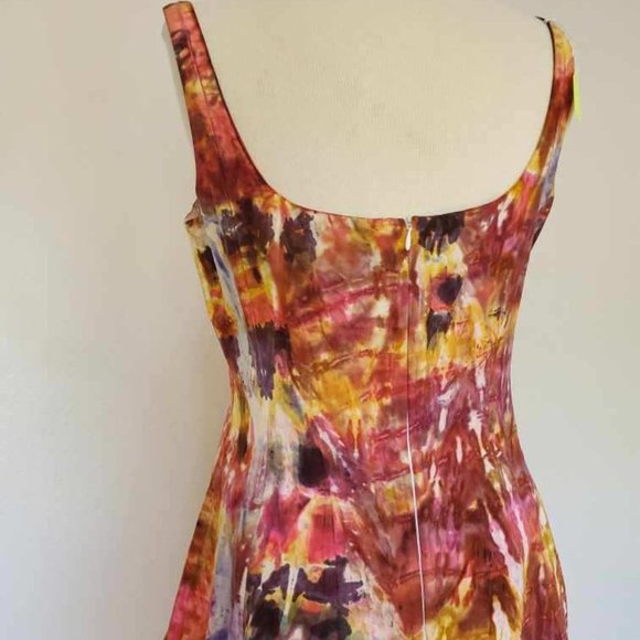 Silk Short Dress 8 10 12 bridesmaid party large medium tiedye rainbow red yellow - Picture 2 of 2